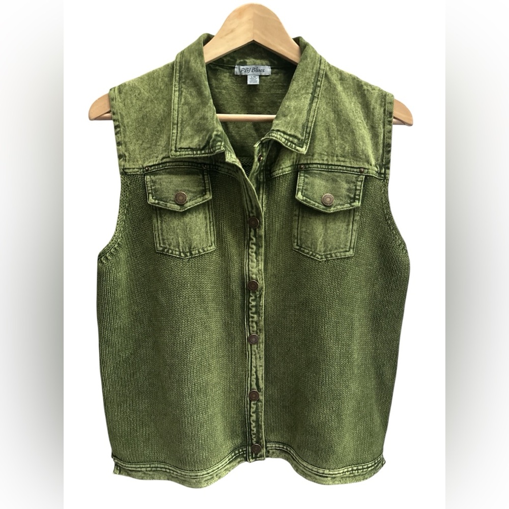 PBJ Blues Ramie/Cotton Knit+Denim Green Trucker Vest size L